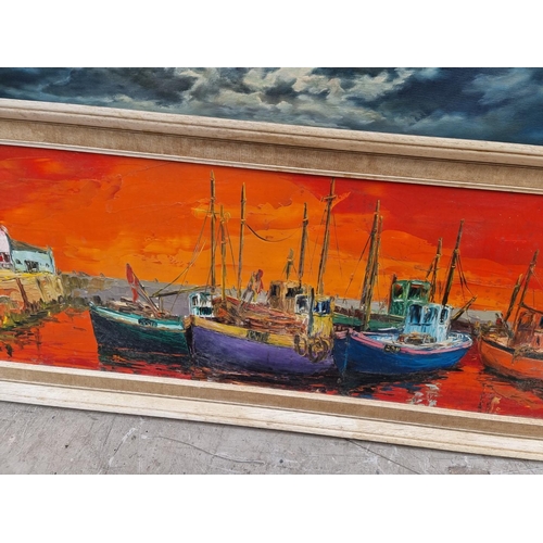 1108 - Prudence Turner, fishing boats in a harbour, signed, acrylic on board, 29 x 120.5cm; together with a... 