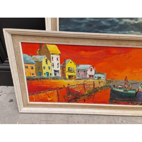 1108 - Prudence Turner, fishing boats in a harbour, signed, acrylic on board, 29 x 120.5cm; together with a... 