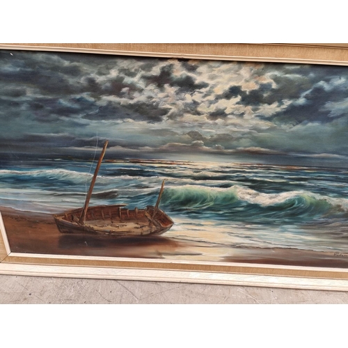 1108 - Prudence Turner, fishing boats in a harbour, signed, acrylic on board, 29 x 120.5cm; together with a... 