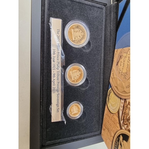 253 - Coins: a '2021 HRH Prince Philip Tribute Gold Sovereign Prestige Set', comprising: sovereign; half s... 