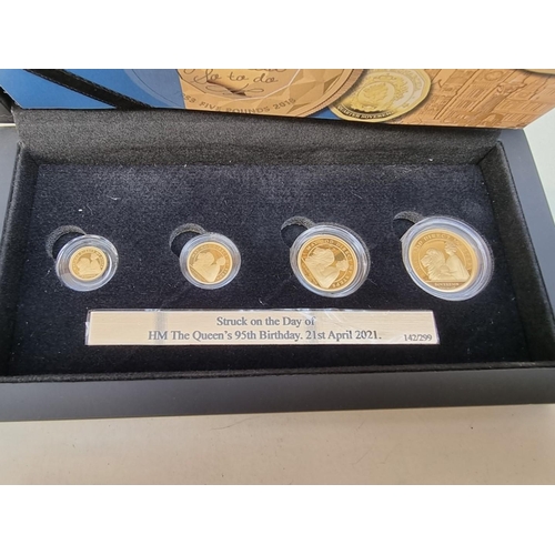 259 - Coins: an Alderney '2021 Queen's 95th Birthday 24 Carat Gold Sovereign Deluxe Set', comprising: sove... 