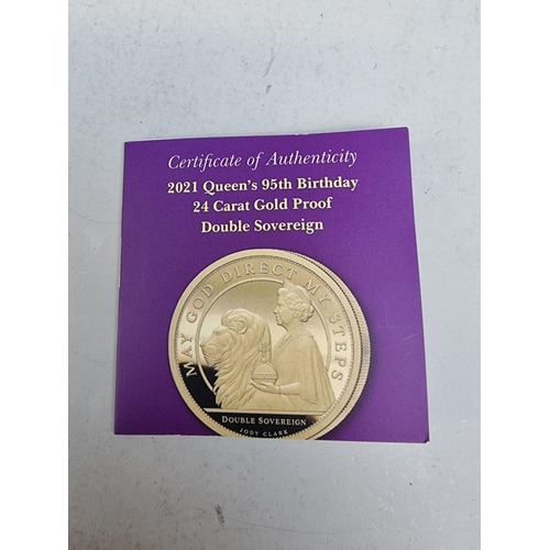 278 - Coins: an Alderney '2021 Queen's 95th Birthday 24 Carat Gold Proof Double Sovereign', with CoA and b... 