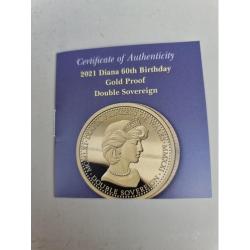 279 - Coins: an Ascension Islands '2021 Diana 60th Birthday Gold Proof Double Sovereign', with CoA and box... 