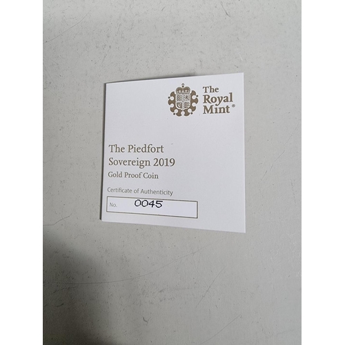 281 - Coins: a Royal Mint 'The Piedfort Sovereign 2019 Gold Proof Coin', numbered 0045/1795, with CoA and ... 