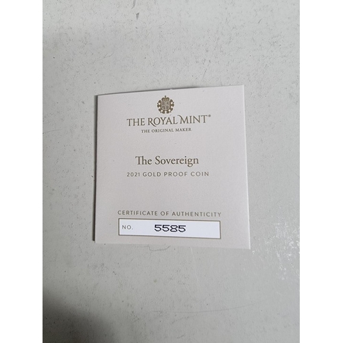 282 - Coins: a Royal Mint 'The Sovereign 2021 Gold Proof Coin', numbered 5585/7995, with CoA and box.... 