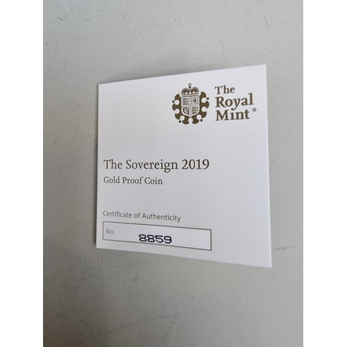 283 - Coins: a Royal Mint 'The Sovereign 2019 Gold Proof Coin', numbered 8859/9500, with CoA and box.... 