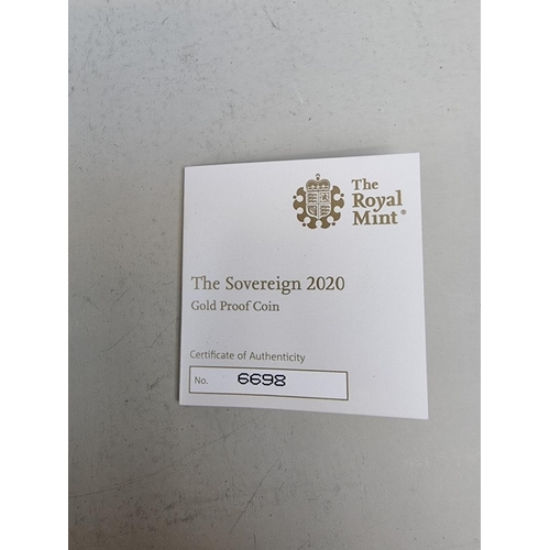 284 - Coins: a Royal Mint 'The Sovereign 2020 Gold Proof Coin', numbered 6698/7995, with CoA and box.... 