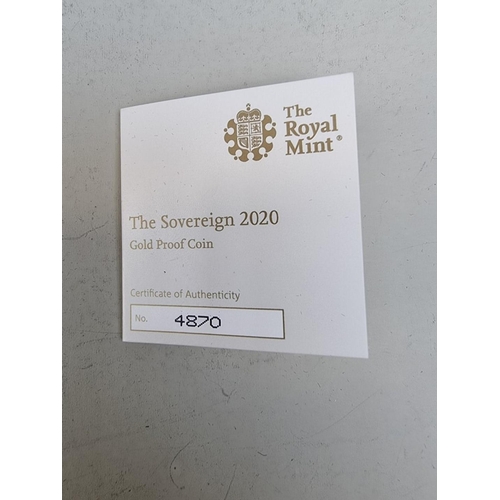 285 - Coins: a Royal Mint 'The Sovereign 2020 Gold Proof Coin', numbered 4870/7995, with CoA and box.... 