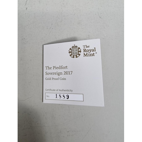 286 - Coins: a Royal Mint 'The Piedford Sovereign 2017 Gold Proof Coin', numbered 1889/3500, with CoA and ... 