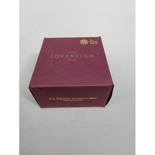 286 - Coins: a Royal Mint 'The Piedford Sovereign 2017 Gold Proof Coin', numbered 1889/3500, with CoA and ... 