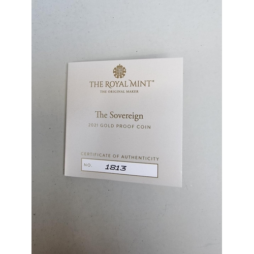 289 - Coins: a Royal Mint 'The Sovereign 2021 Gold Proof Coin', features a unique '95' privy mark for one ... 