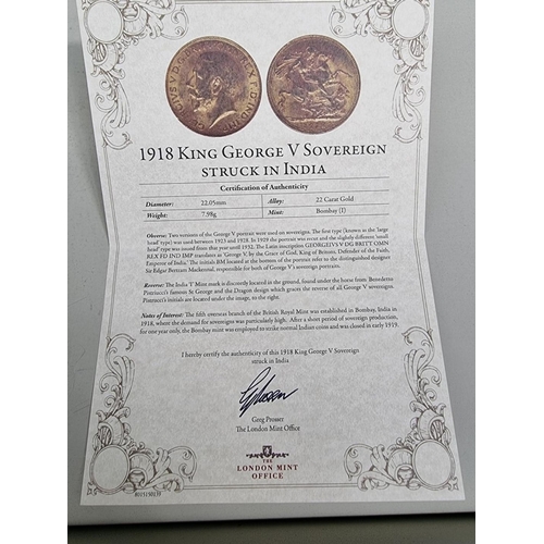 300 - Coins: a '1918 King George V Sovereign struck in India', Bombay Mint, with box and CoA.... 