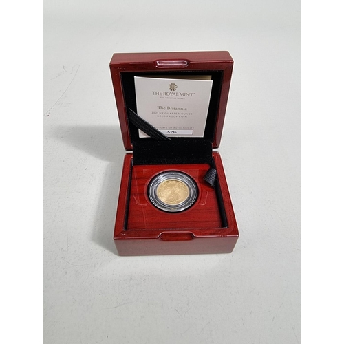 323 - Coins: a 2021 Royal Mint 'The Britannia' UK 1/4oz 24ct gold limited edition twenty-five pound coin, ... 