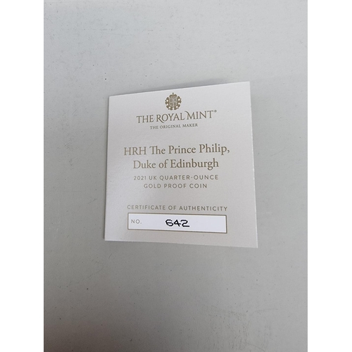 324 - Coins: a 2021 'HRH The Prince Philip, Duke of Edinburgh' 1/4oz gold proof twenty-five pound coin, wi... 