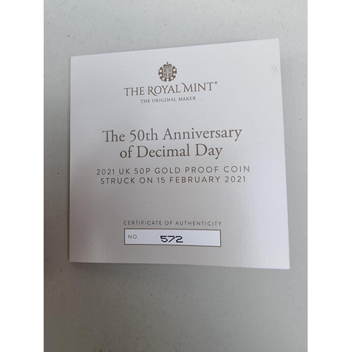 327 - Coins: a 2021 Royal Mint 'The 50th Anniversary of Decimal Day' 15.5g gold proof limited edition fift... 