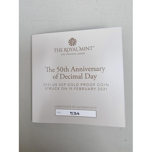 328 - Coins: a Royal Mint 2021 'The 50th Anniversary of Decimal Day' 15.5g gold proof limited edition fift... 