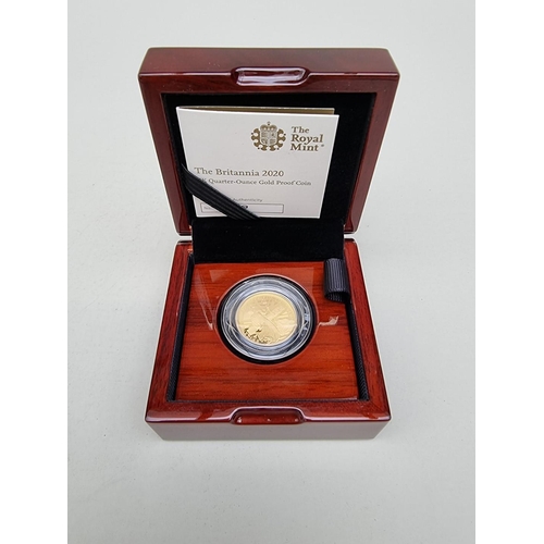 329 - Coins: a 2020 Royal Mint 'The Britannia' UK 1/4oz 24ct gold proof limited edition twenty five pound ... 