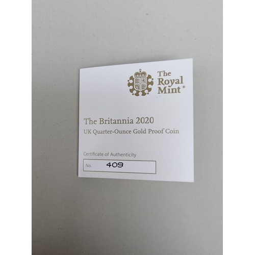 329 - Coins: a 2020 Royal Mint 'The Britannia' UK 1/4oz 24ct gold proof limited edition twenty five pound ... 