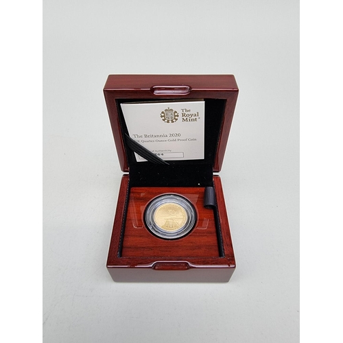 330 - Coins: a 2020 Royal Mint 'The Britannia' UK 1/4oz 24ct gold proof limited edition twenty five pound ... 