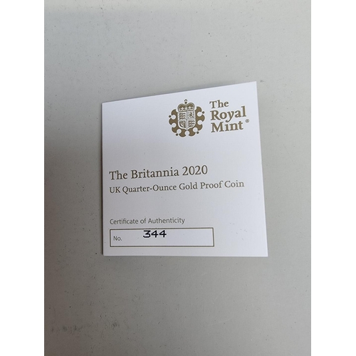 330 - Coins: a 2020 Royal Mint 'The Britannia' UK 1/4oz 24ct gold proof limited edition twenty five pound ... 