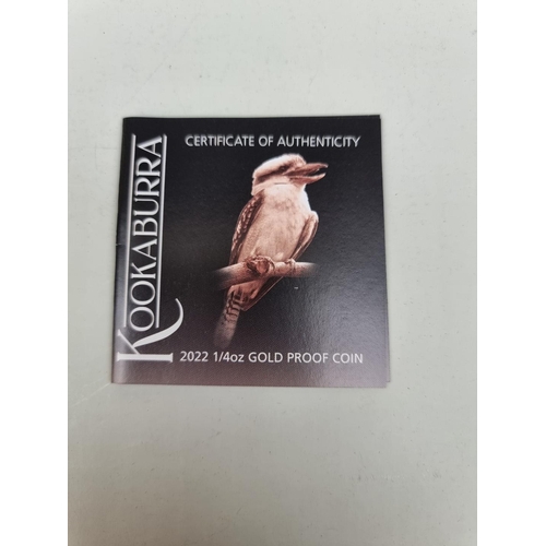 332 - Coins: an Australian Perth Mint '2022 Kookaburra' 1/4oz 24ct gold proof coin, with CoA and box.... 