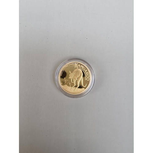 335 - Coins: an Australian Perth Mint '2022 Kangaroo' 1/4oz 24ct gold proof coin, with CoA and box.... 