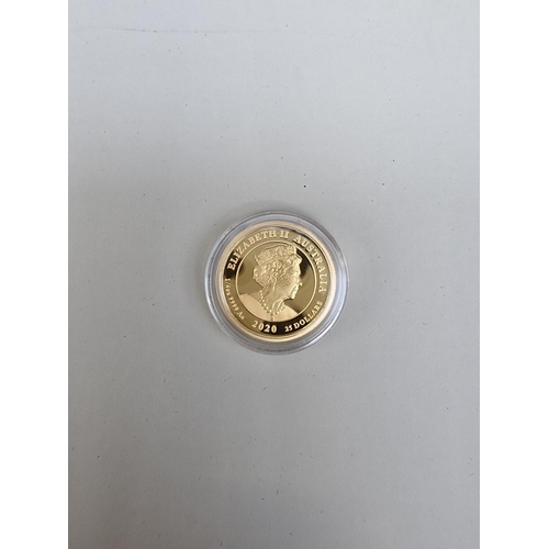 337 - Coins: a Perth Mint 2020 'Voyage of Discovery HMB Endeavour 1770-2020' 25 dollar 1/4oz 24ct gold pro... 