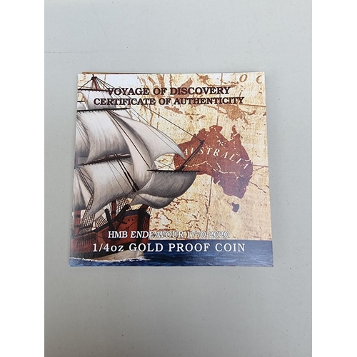 337 - Coins: a Perth Mint 2020 'Voyage of Discovery HMB Endeavour 1770-2020' 25 dollar 1/4oz 24ct gold pro... 