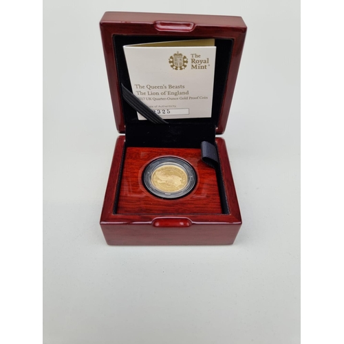 340 - Coins: a 2017 'The Queen's Beasts The Lion of England' 1/4oz gold proof twenty-five pound coin, with... 