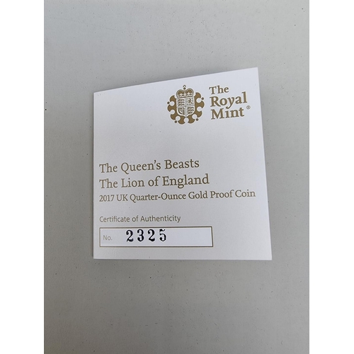 340 - Coins: a 2017 'The Queen's Beasts The Lion of England' 1/4oz gold proof twenty-five pound coin, with... 