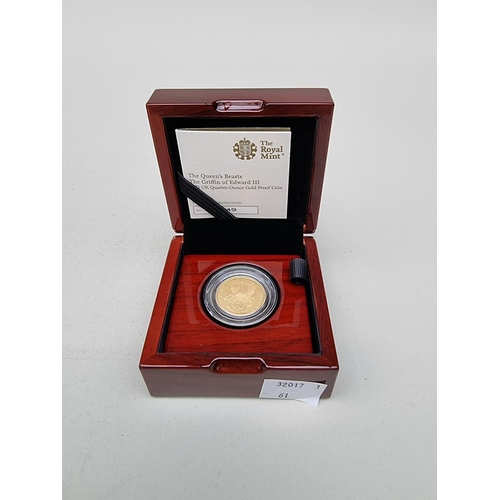 345 - Coins: a 2021 'The Queen's Beasts The Griffin of Edward III' 1/4oz .999 (24ct) gold proof twenty-fiv... 