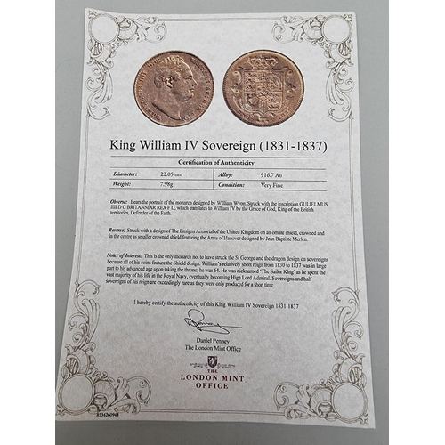 356 - Coins: an William IV 1822 gold sovereign, graded as very fine, with CoA and box.