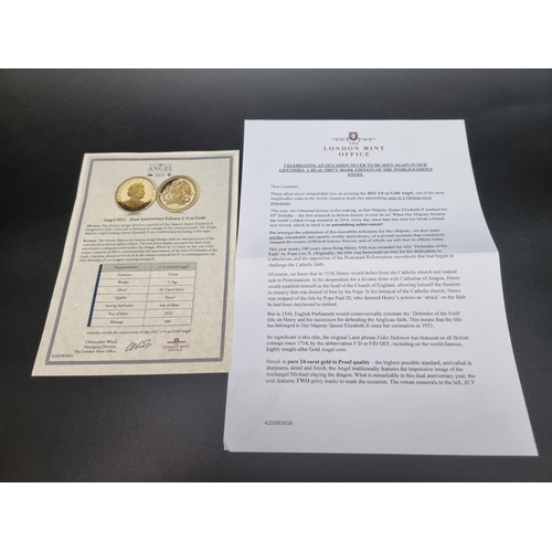 363 - Coins: a 2021 Isle of Man proof 24ct gold 1/4oz Angel, with CoA and box.