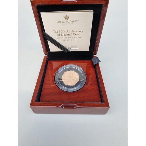 367 - Coins: a Royal Mint 2021 'The 50th Anniversary of Decimal Day' 50p gold proof piedfort coin, in 22ct... 