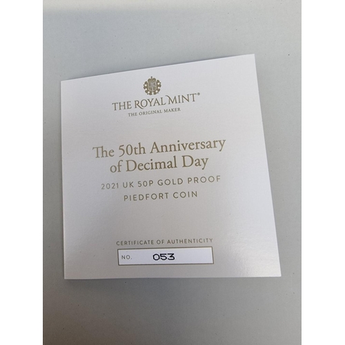 367 - Coins: a Royal Mint 2021 'The 50th Anniversary of Decimal Day' 50p gold proof piedfort coin, in 22ct... 