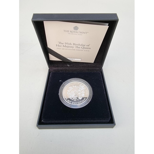 389 - Coins: a 2021 Royal Mint 'The 95th Birthday of Her Majesty The Queen' silver proof five pound coin, ... 