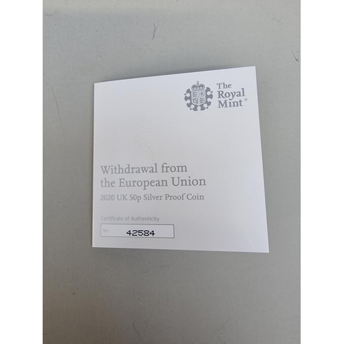 393 - Coins: a 2020 Royal Mint 'Withdrawal From the European Union' silver proof limited edition fifty pen... 