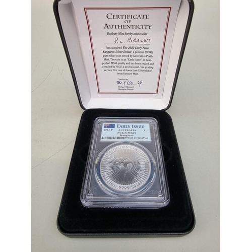 396 - Coins: a 2022 Perth Mint 'Early Issue Silver Kangaroo' one dollar, with CoA and box; together with a... 