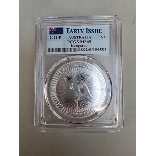 396 - Coins: a 2022 Perth Mint 'Early Issue Silver Kangaroo' one dollar, with CoA and box; together with a... 