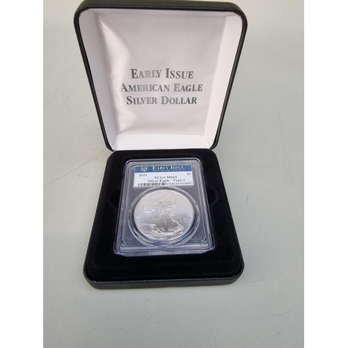 398 - Coins: a 2021 United States Mint 'Early issue American Eagle Silver Dollar' Type 1, with CoA and box... 