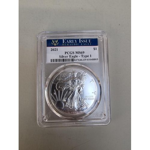 398 - Coins: a 2021 United States Mint 'Early issue American Eagle Silver Dollar' Type 1, with CoA and box... 