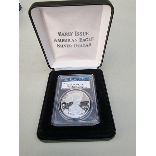 399 - Coins: a 2021 United States Mint 'Early Issue American Eagle Silver Dollar' Type 2, with CoA and box... 