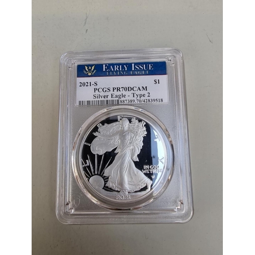 399 - Coins: a 2021 United States Mint 'Early Issue American Eagle Silver Dollar' Type 2, with CoA and box... 