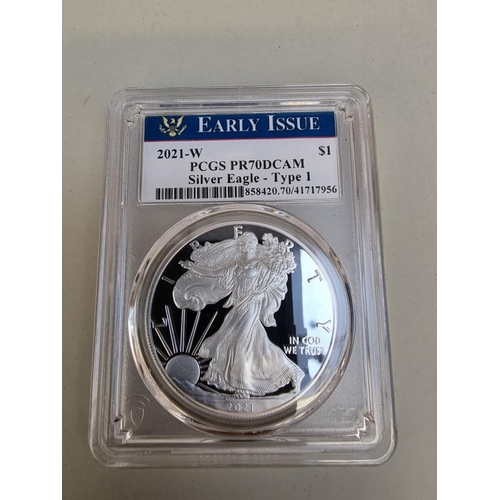 402 - Coins: a 2021 United States Mint 'Early Issue American Eagle Silver Dollar' Type 1, with CoA and box... 