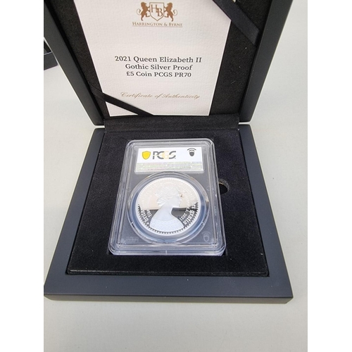 406 - Coins: two 2021 Alderney 'Queen Elizabeth II Gothic' silver proof five pound coins, with CoA and box... 