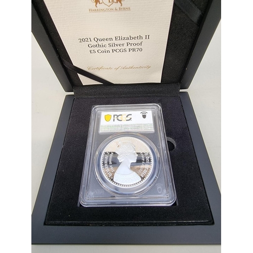 406 - Coins: two 2021 Alderney 'Queen Elizabeth II Gothic' silver proof five pound coins, with CoA and box... 