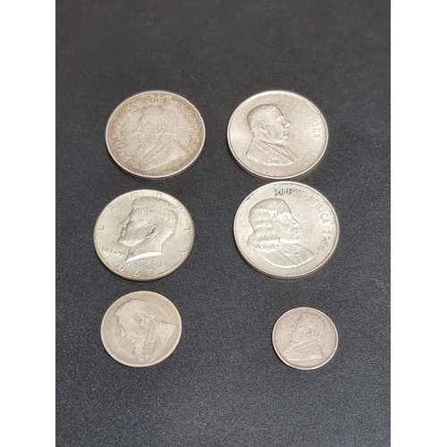 443 - Coins: six silver coins, to include a South Africa 1896 two and a half shillings; and two South Afri... 