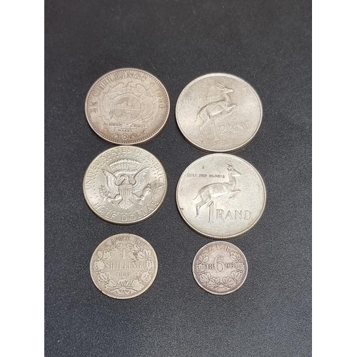 443 - Coins: six silver coins, to include a South Africa 1896 two and a half shillings; and two South Afri... 