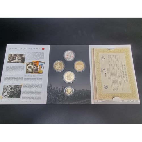 483 - Coins: a 2017 Gibraltar 'WWI Centenary Anniversary Set' containing three gold plated, one cupro nick... 