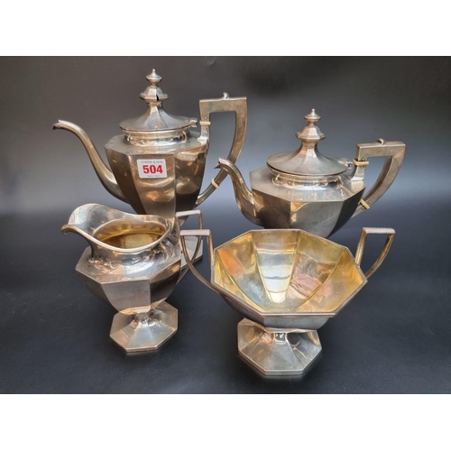 504 - An Edwardian silver four piece teaset, by Gorham Manufacturing Co, Birmingham 1909, with ivory insul... 